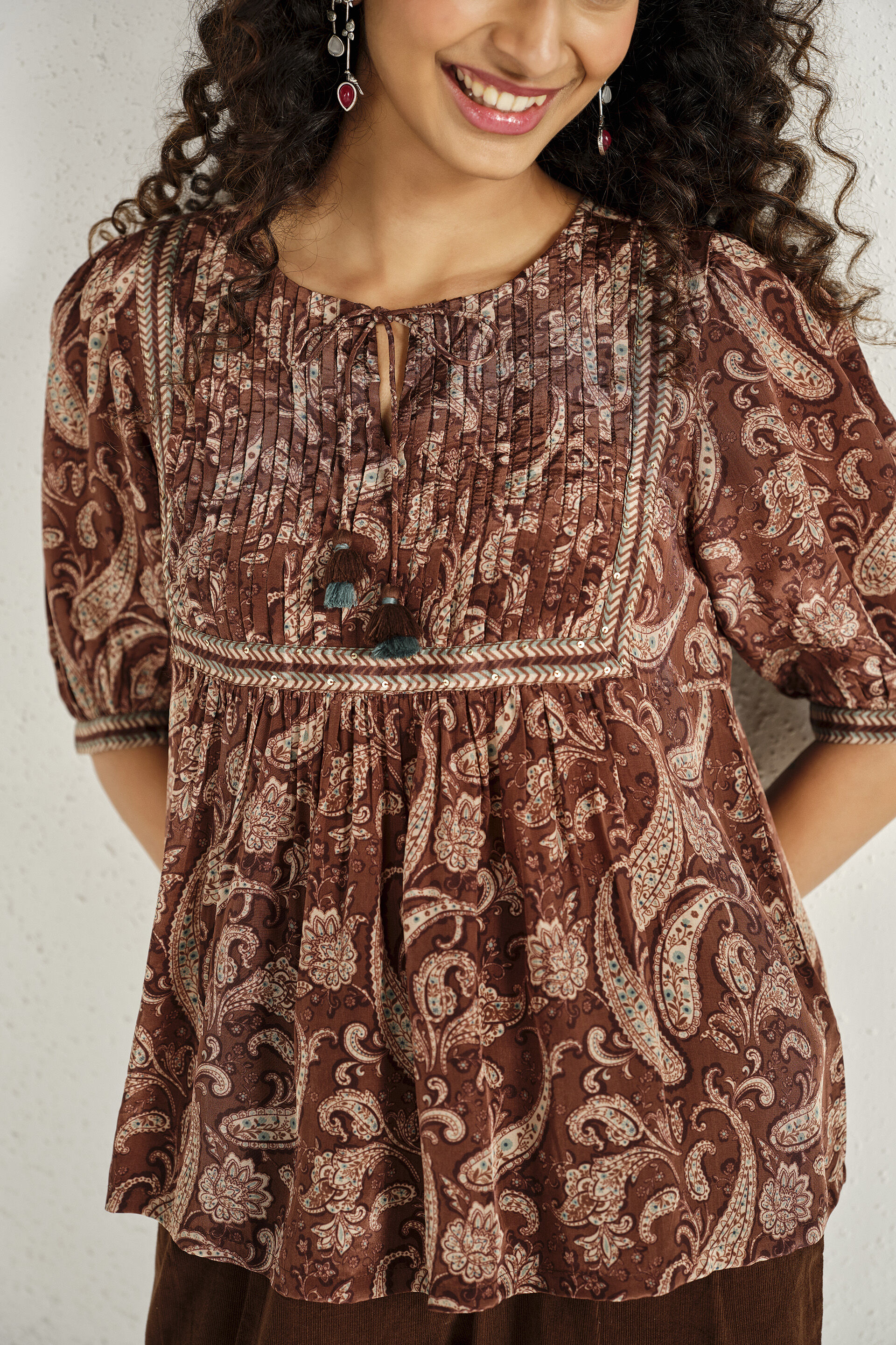 Printed Peasant Top in Brown, Brown, image 4